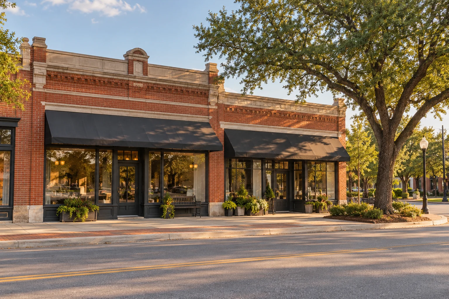 Representative North Texas brick shopfronts and a tree-shaded sidewalk in a modest town-square setting